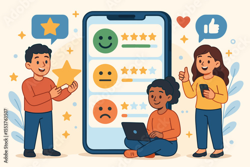 Cartoon vector illustration of people giving online feedback and ratings, customer satisfaction survey, user review system, mobile app evaluation, star rating, positive and negative experience concept
