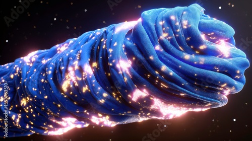 Abstract swirling fabric illuminated by cosmic light, representing the connection between textiles and the universe in a vibrant, otherworldly scene