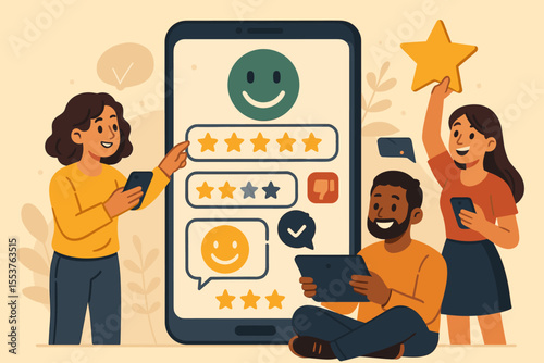 Customer feedback and rating concept. People using smartphones and tablets to give online reviews, satisfaction ratings, star scores, thumbs up, and positive feedback. Vector cartoon illustration.