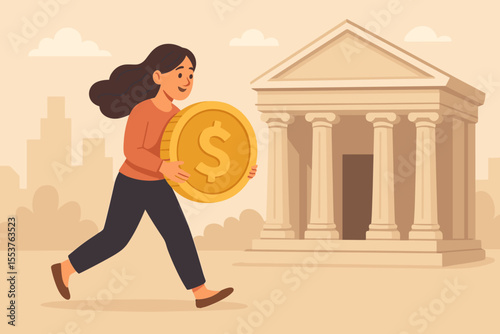Woman Carrying Large Gold Coin to Bank Building with Classical Columns, Finance and Money Investment Concept, Banking, Savings, Investment, Wealth Management, Vector Cartoon Illustration