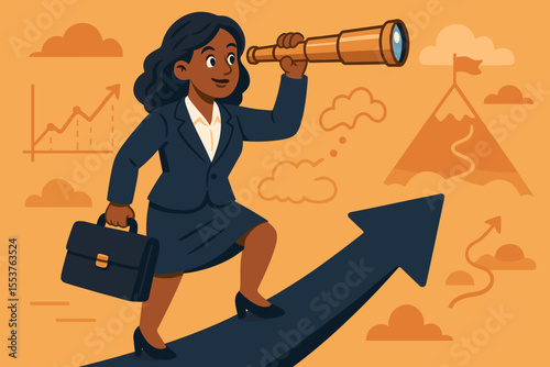 Ambitious businesswoman with briefcase using telescope to seek future opportunities, navigate challenges, climb career ladder, strategic planning, vision, leadership, success, cartoon vector