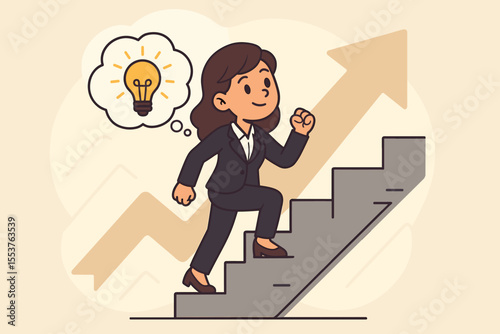 Ambitious businesswoman climbing stairs with lightbulb idea, career growth, innovation, success, leadership, motivation, professional development, upward progress, vector cartoon illustration