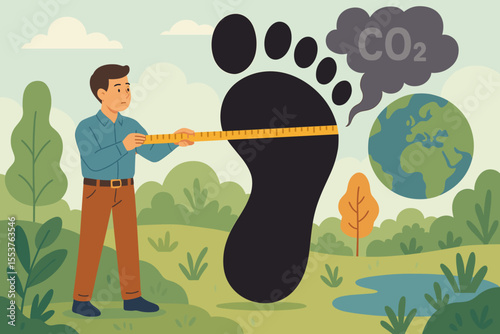 Measuring Carbon Footprint Concept. Man with Tape Measure Evaluates Large Footprint Symbolizing CO2 Emissions, Global Warming Impact, Environmental Conservation, Climate Change, Ecological Awareness
