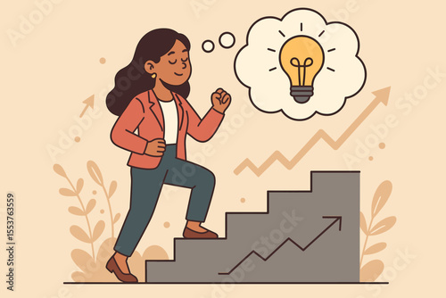 Ambitious businesswoman climbing stairs with lightbulb idea, symbolizing career growth, innovation, success, leadership, motivation, personal development, professional achievement, opportunity concept