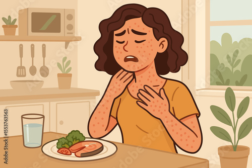 Food allergy reaction concept. Woman with skin rash, hives, and irritation after eating fish meal at home kitchen. Allergy symptoms, immune response, health risk, allergic reaction vector illustration