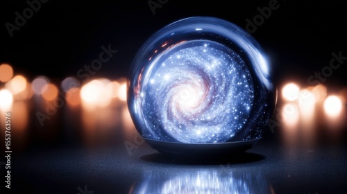 Enigmatic Crystal Ball Reflecting Whirling Galaxy with Stars and Cosmic Elements in a Mystical Setting Against a Dark Background