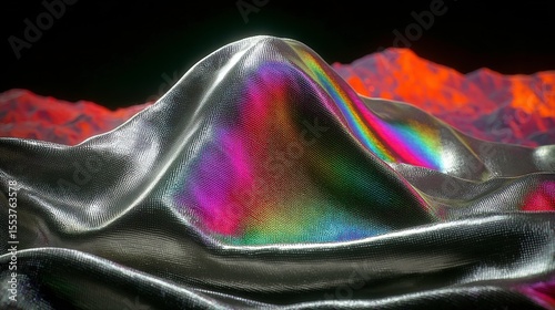 Shimmering Metallic Fabric Creating Abstract Mountain Landscape with Vibrant Colors and Textures Against Dark Background for Creative Design Projects