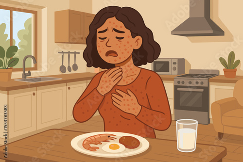 Food Allergy Reaction Concept. Woman with Skin Rash and Hives After Eating Allergenic Foods Like Shrimp, Egg, Milk. Anaphylaxis Symptoms at Home Kitchen. Vector Illustration for Allergy Awareness