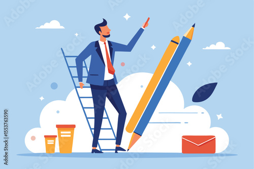 Successful business development professional demonstrating strategy to achieve growth and innovation while standing on a ladder with oversized writing tools in a bright context