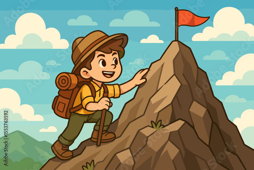 Cartoon boy hiker climbing mountain peak with backpack, reaching summit, adventure, achievement, outdoor exploration, success, goal, motivation, hiking, nature, vector illustration