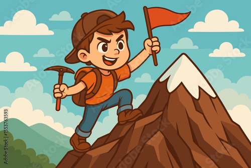 Young Adventurer Climbing Mountain with Ice Axe and Flag, Conquering Challenges, Reaching Summit, Outdoor Exploration, Hiking Cartoon Vector Illustration