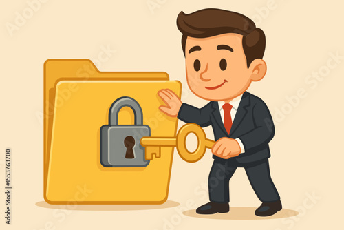 Businessman locking a file folder with a key. Concept of data security, confidential information, privacy, and protection. Cybersecurity and access control for corporate documents.