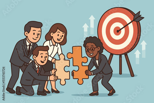 Business team collaboration concept. Diverse people working together connecting puzzle pieces for success. Metaphor for teamwork, partnership, and achieving goals with a target.