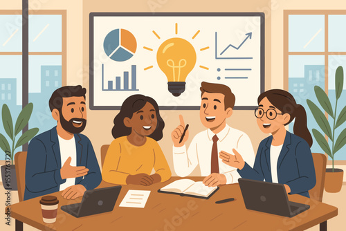 Business people in a creative brainstorming session. Teamwork and collaboration in a modern office. Diverse colleagues discussing project strategy, innovation, and company growth.