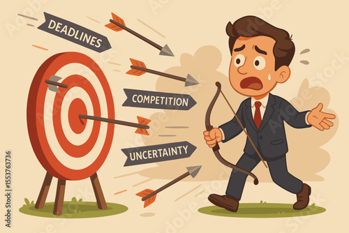 Business failure concept. Stressed businessman missing the target due to challenges like deadlines, competition, uncertainty. Metaphor for pressure and not achieving goals. Cartoon.