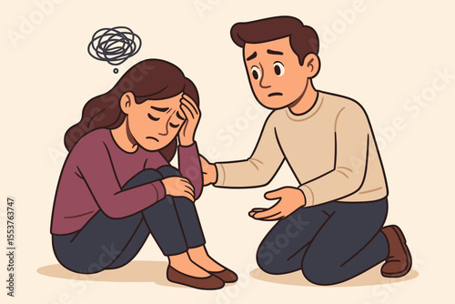 Man comforting sad woman with anxiety and depression. Concept of support, empathy, and care. Friend giving helping hand for mental health problem, stress, and grief. Psychology vector.