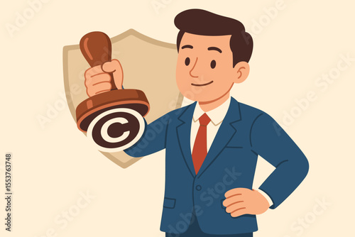 Intellectual property protection vector concept. Businessman holding a large copyright stamp in front of a shield. Legal idea of author ownership, patent law and trademark registration.