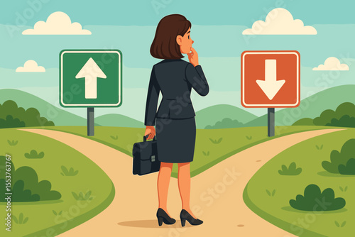 Businesswoman at a career crossroads making a choice. Vector concept of business decision, strategy, dilemma, opportunity, and future path. Choosing success and failure, growth or decline.