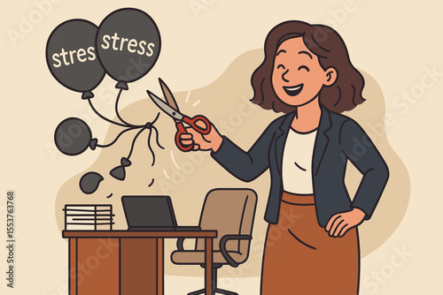 Stress management concept. Happy businesswoman cutting stress balloons with scissors. Mental health and relief from anxiety. Freedom from work pressure and corporate burnout vector.