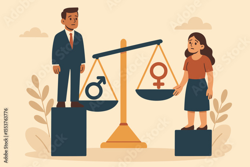 Concept of gender inequality and social disparity. Man and woman on unbalanced scales of justice showing sexism and discrimination. Unfair rights and wage gap metaphor. Vector cartoon.