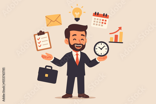 Multitasking businessman character juggling work icons. Time management and productivity concept. Efficient project management, planning, and strategy. Office work vector illustration.