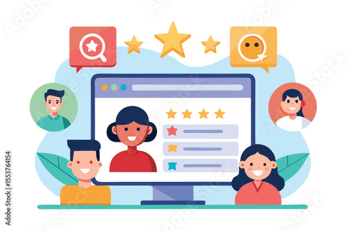 Customer rating and user review system displayed on a computer monitor with cheerful users engaging in reviews and feedback from various backgrounds