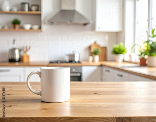 White Mug on Wooden Kitchen Counter