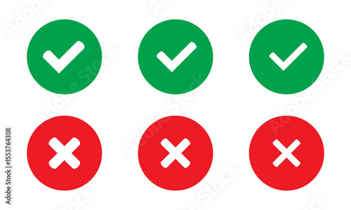 Green tick and red cross checkmarks in circle flat icons. Right or wrong icons. Yes or no symbol, approved or rejected icon for user interface.