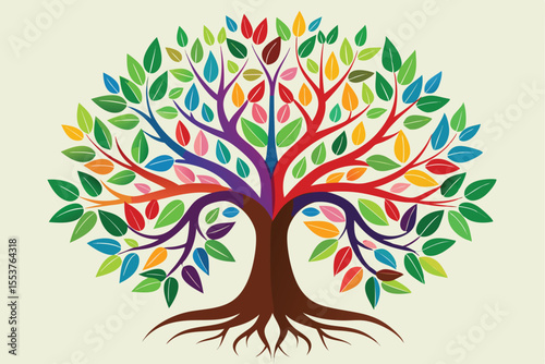 Vibrant tree of life illustration adorned with colorful leaves showcasing the beauty of nature and growth in a harmonious design suitable for various themes and projects