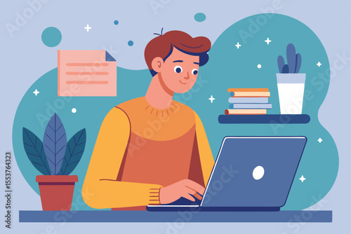 Freelancer focused on work at a cozy workspace during the day with plants, books, and colorful background elements enhancing creativity