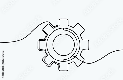 Single line drawing with one gear, continuous gear sketch icon, minimal mechanical outline, one stroke cogwheel, simple vector illustration