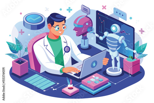 Doctor utilizing artificial intelligence technology for advanced medical analysis and patient care in a modern digital workspace