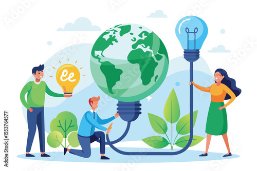 Employees collaborate to promote sustainable energy practices by connecting ideas with green technology in a vibrant, eco-friendly environment