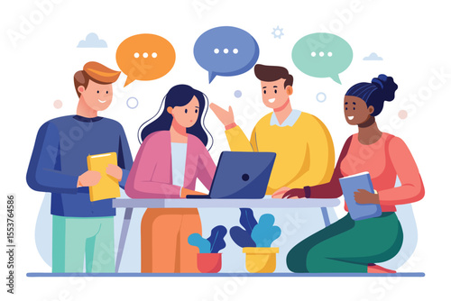 Brainstorming session involving teamwork and idea sharing among four diverse individuals at a modern workspace