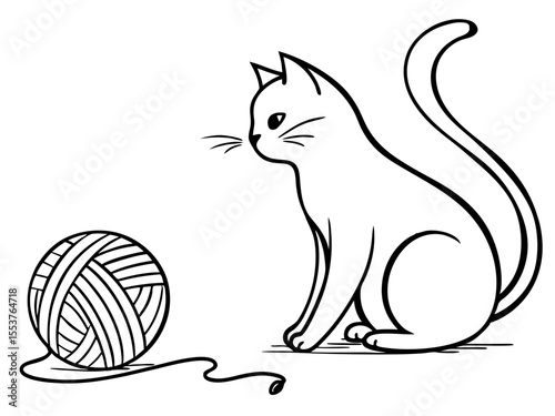 Cat and Yarn Ball Drawing on White Background