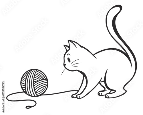 Cat Playing with Yarn Ball Vector on White Background