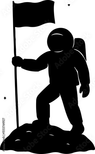Bold astronaut silhouette staking a flag into rocky terrain, symbolizing discovery