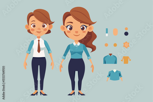 Young casual business woman character constructor with versatile outfit options for various professional contexts and activities