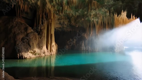 Cave lake with stalactites and sunlight