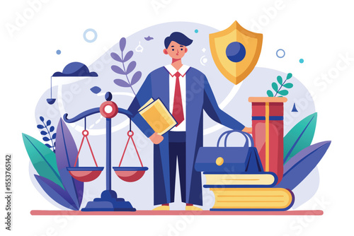 Illustration depicting law and justice concepts with a lawyer holding documents in an office setting surrounded by legal symbols