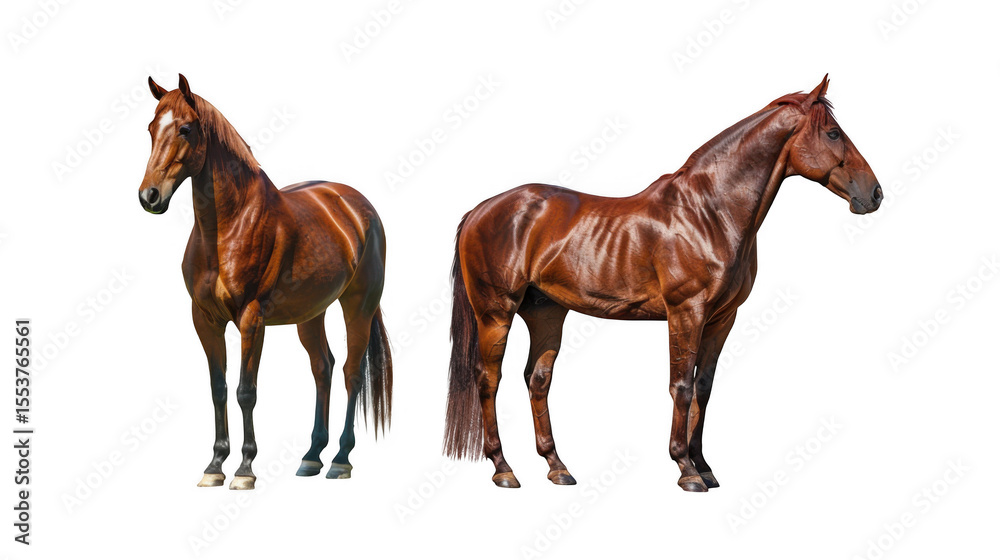 Obraz premium Two beautiful chestnut horses stand side by side, isolated on transparent background, showcasing their muscular physiques and elegant coats