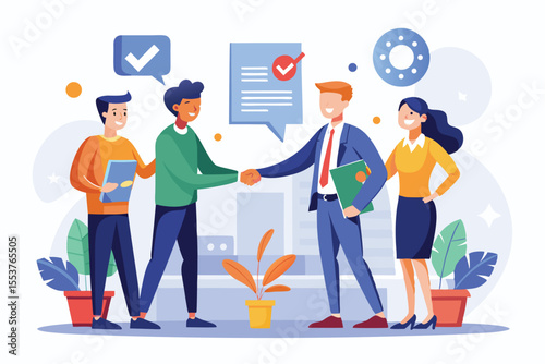 Businesspeople engage in a handshake agreement after discussing project details in a modern office setting during the day