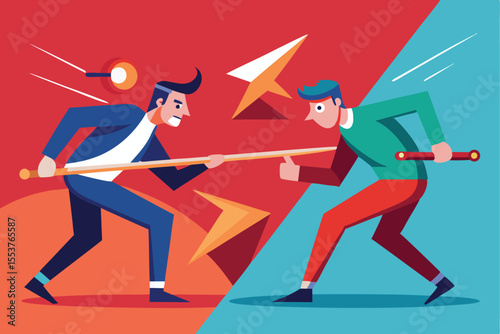 Duel of two competitors in a flat design illustration showcasing struggle and confrontation with paper airplanes and weapons