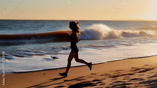 Silhouette of a person running on a beach at sunset