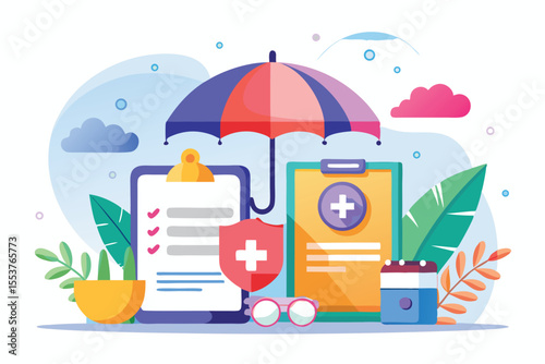 Medical insurance coverage and health services represented with colorful illustrations of documentation, an umbrella, and healthcare items in a vibrant setting