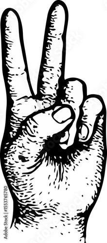 Illustration of a raised hand showing the peace sign with subtle shading and precise linework