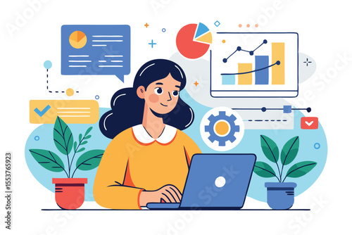 Woman analyzes data and plans work tasks using a laptop in a modern workspace with plants and graphs during the afternoon