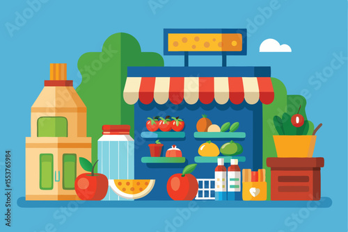Grocery store concept with colorful display of fruits, vegetables, and beverages showcasing fresh produce and shopping items in a playful design