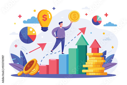 Concept illustration representing inflation with graphs, coins, and a hopeful businessman against a colorful backdrop of charts and arrows indicating growth trends
