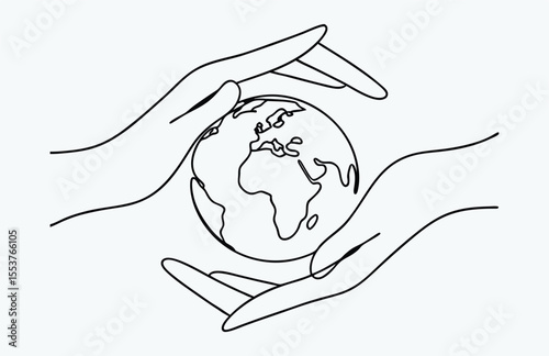 Earth care hands in one line drawing, continuous line planet support, minimalist earth day poster, eco protection sketch, simple vector illustration